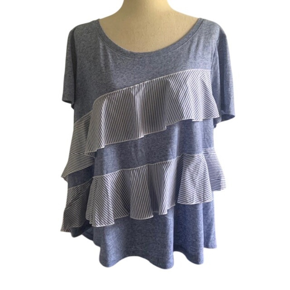 Coastal Preppy Ruffle Top 18/20 Blue Stripe Tiered Feminine Nautical Linen Blend